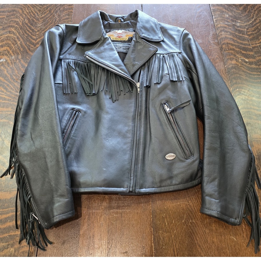 Harley-Davidson Women's black leather fringed motorcycle jacket Size WM